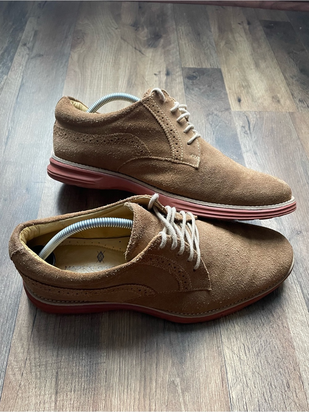 Martin Dingman Brown Suede Derby Shoes with Red Accent Sole